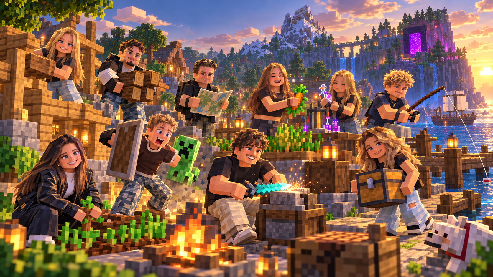 De vriendengroep Lekker met de Meiden in Minecraft-stijl